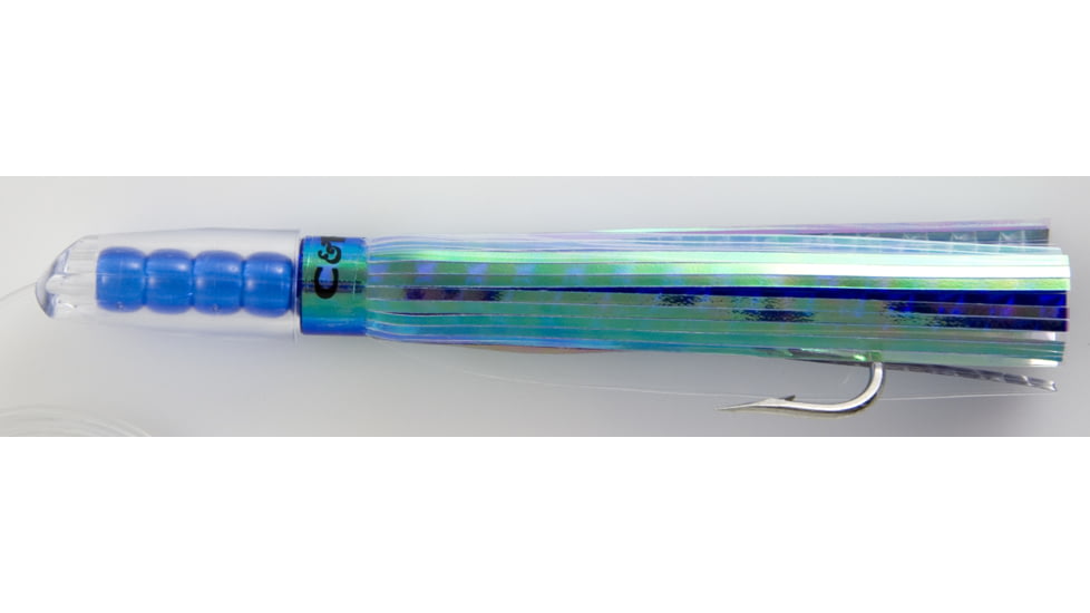 C&amp;H Lures Rattle Jet Trolling Lure Rigged &amp; Ready, 100LB Mono, 6 ft, 7/0 Hook, Pearl/Blue Mylar Skirt, CH-RJ-23
