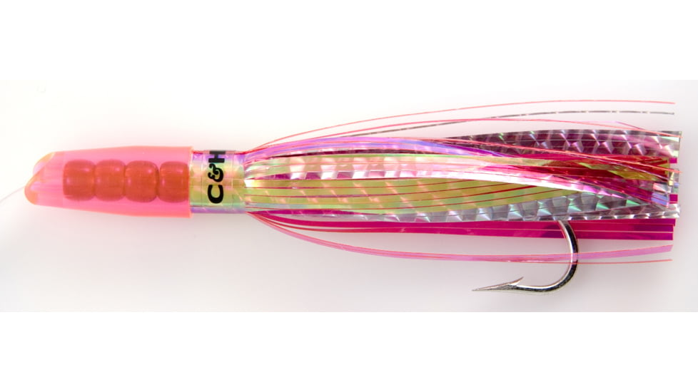 C&amp;H Lures Rattle Jet Trolling Lure Rigged &amp; Ready, 100LB Mono, 6 ft, 7/0 Hook, PearlPink/Silver Mylar Skirt, CH-RJ-26
