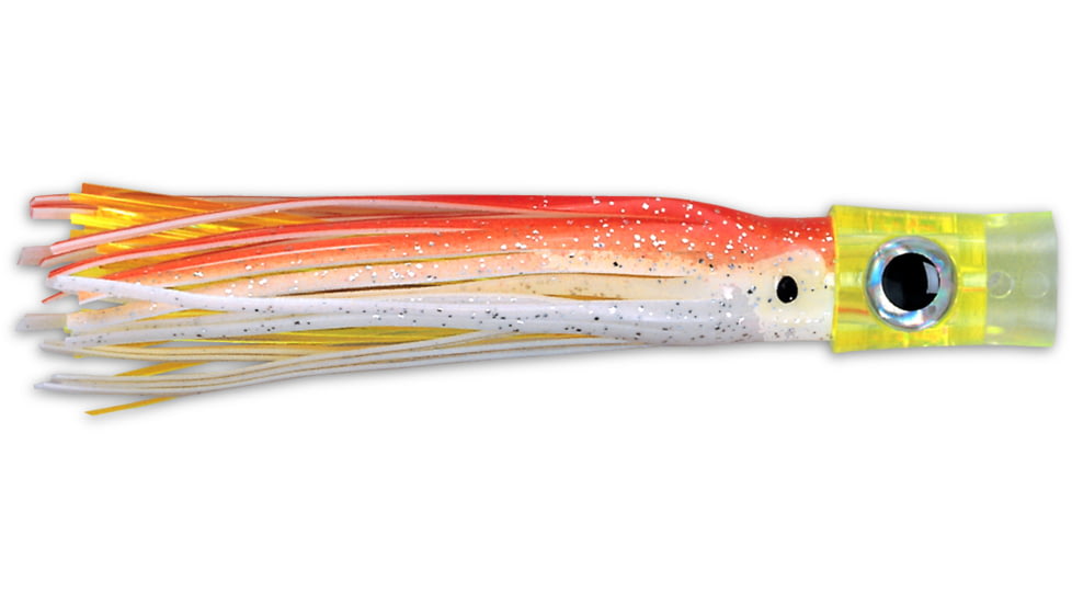 C&amp;H Lures Stubby Bubbler Trolling Lure, 5.5in, Orange/White/Chartreuse Skirt, CH-SBB06