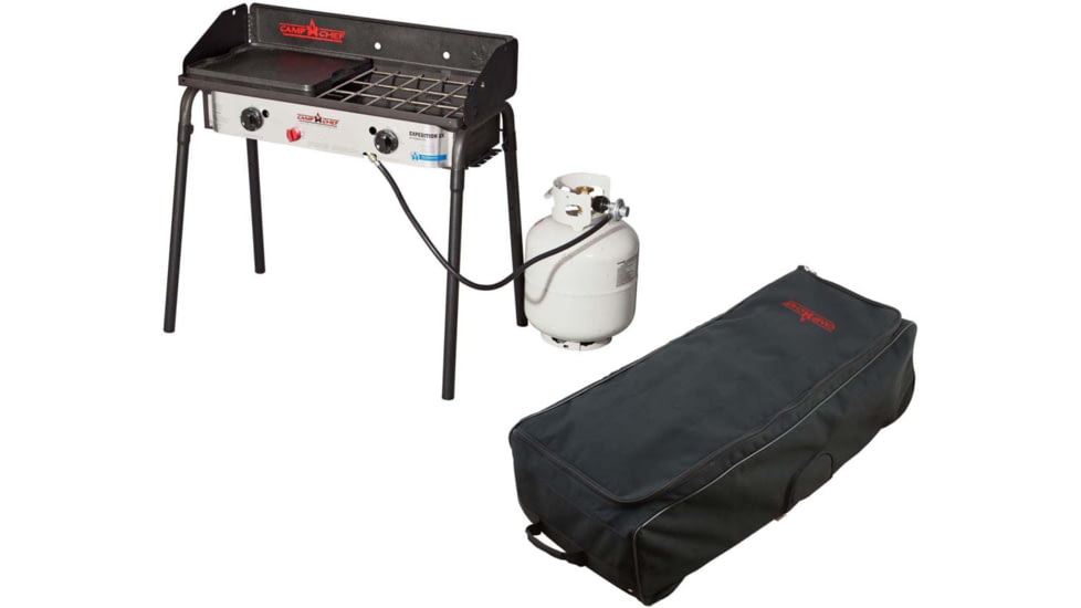 Camp Chef Expedition 2X Stove, 2 x 30000 BTU/hr Burners, Stainless/Black, with Black, Roller Bag, Black, RCB60