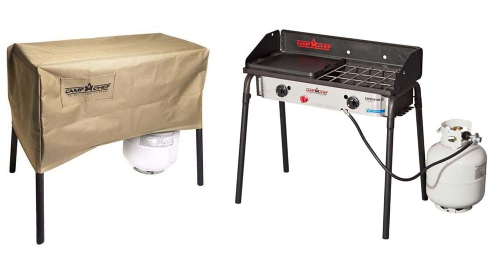 Camp Chef Expedition 2X Stove, 2 x 30000 BTU/hr Burners, Stainless/Black, with Tan Patio Cover, PC32