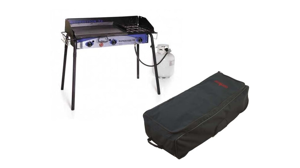 Camp Chef Expedition 3X Triple Buner Stove w/Griddle, Detachable Legs, Windscreen Sg60, White/Blue/Black, with Black, Top-loading Roller Bag, Black, RCB90