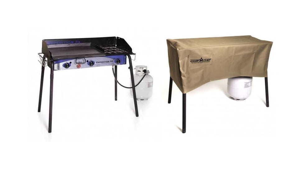 Camp Chef Expedition 3X Triple Buner Stove w/Griddle, Detachable Legs, Windscreen Sg60, White/Blue/Black, with Tan Patio Cover, PC42