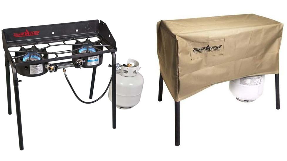 Camp Chef Explorer II Universal Stove, 2 x Burner, Aluminum Burner, Black, with Tan Patio Cover, PC32