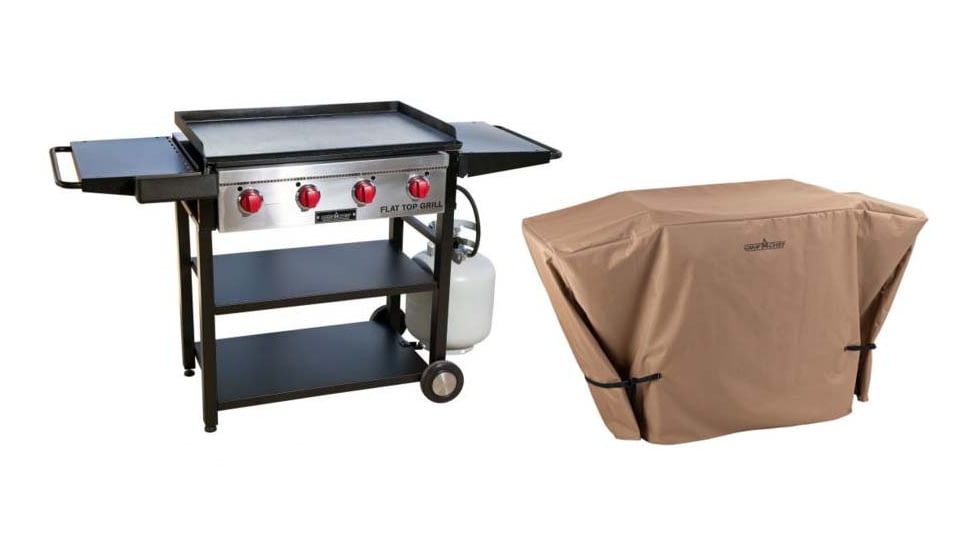 Camp Chef Flat Top Grill w/Flat Top Griddle and Grill Grates, 31.5in x 19.5in, with Tan Patio Cover, PC600XL