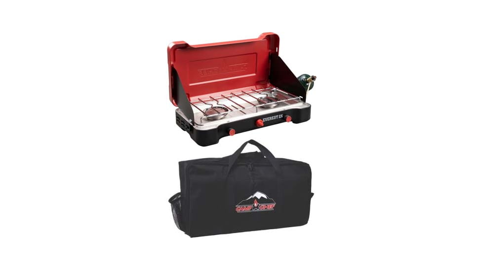 Camp Chef Mountain Series Everest 2X High Output Two-Burner Cooking System, Black/Red, with Black Carry Bag, CBMS