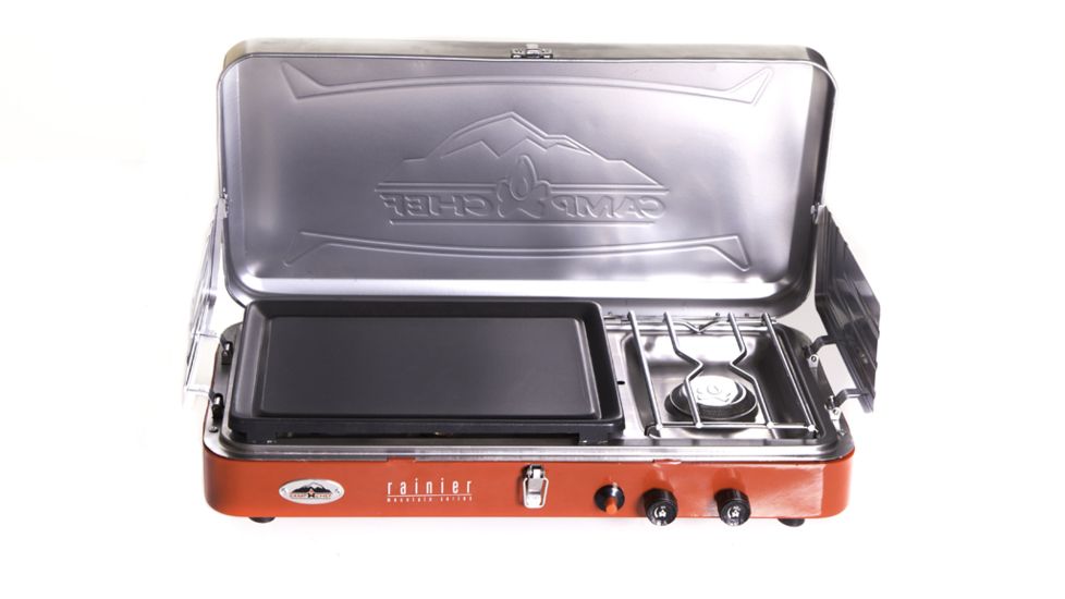 Camp Chef Mountain Series Rainer 2 Burner Stove/Griddle Combo, Red/Silver MS2GR