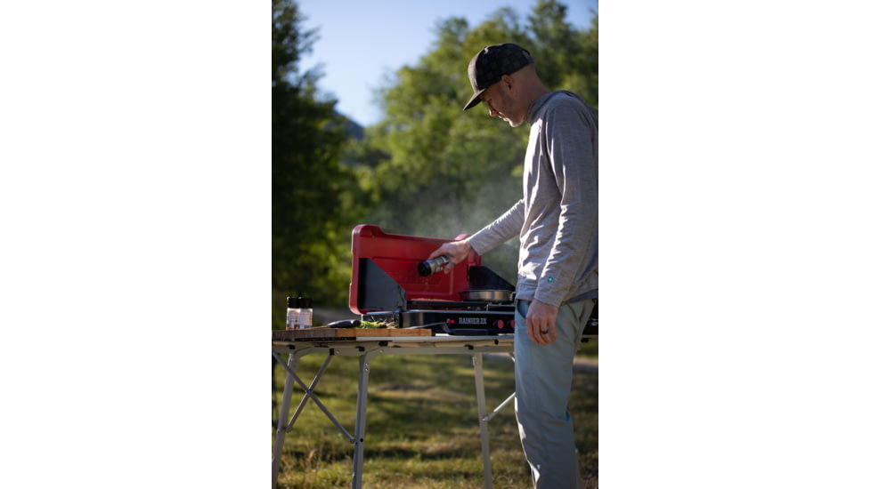 Camp Chef Mountain Series Rainier 2X Two-Burner Cooking System w/ Griddle &amp; Carry Bag, Black/Red, MSGGX