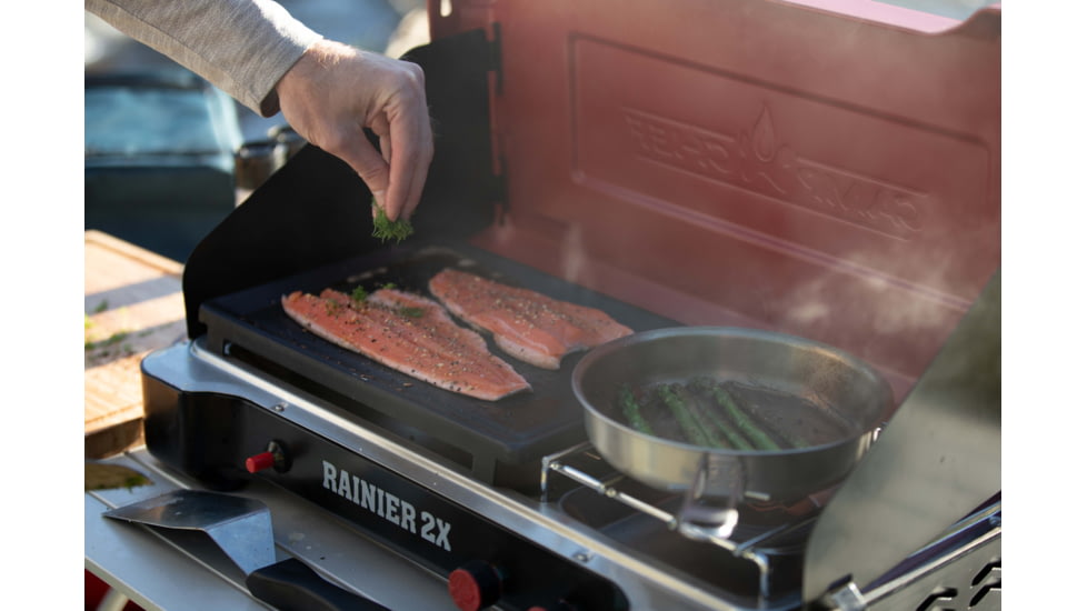 Camp Chef Mountain Series Rainier 2X Two-Burner Cooking System w/ Griddle &amp; Carry Bag, Black/Red, MSGGX