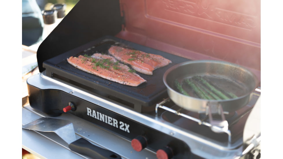 Camp Chef Mountain Series Rainier 2X Two-Burner Cooking System w/ Griddle &amp; Carry Bag, Black/Red, MSGGX