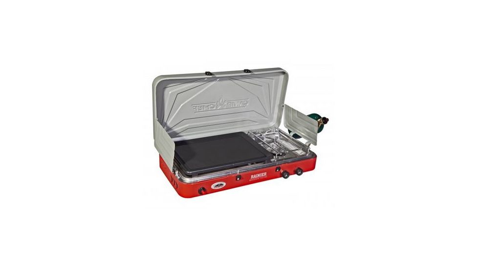 Camp Chef Mountain Series Rainer Camper 2 Burner Stove/Grill/Griddle Combo, Red/Silver MS2GG