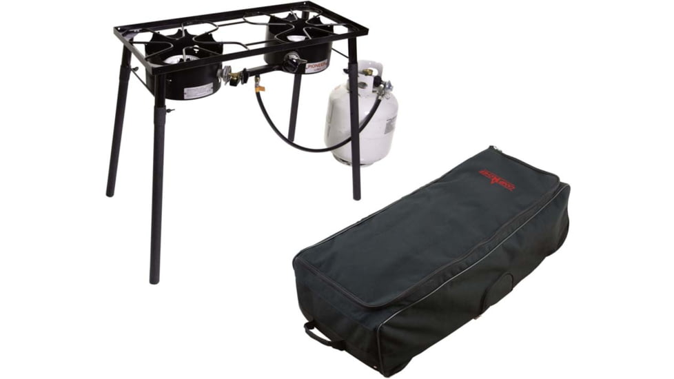 Camp Chef Pioneer Stove, 2 x 30000 BTU/hr Burners, Black, with Black, Roller Bag, Black, RCB60