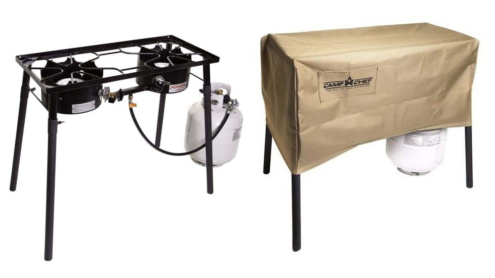 Camp Chef Pioneer Stove, 2 x 30000 BTU/hr Burners, Black, with Tan Patio Cover, PC32