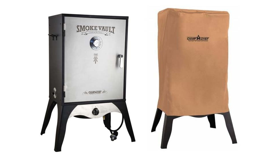 Camp Chef Smoke Vault Food Smoker, 24in, Silver/Black, with Tan Patio Cover, PC24