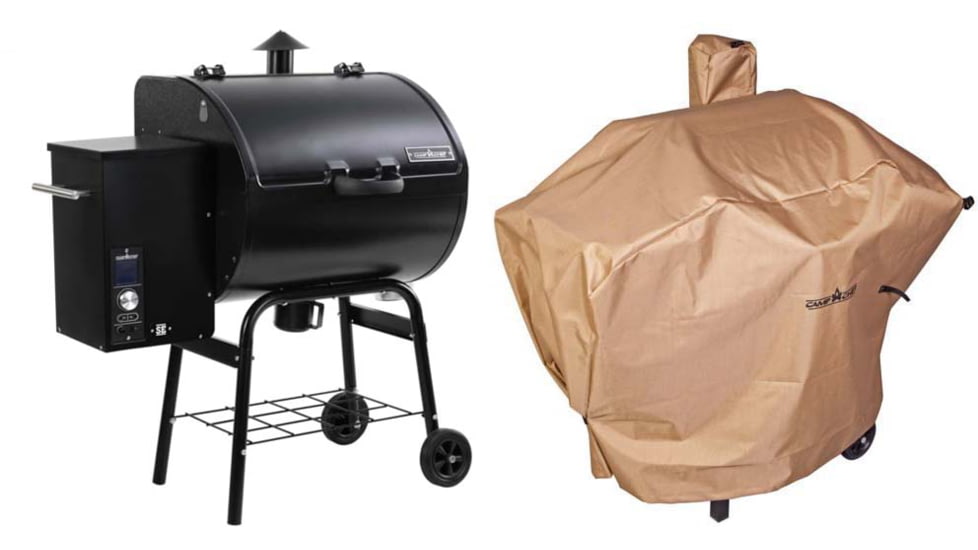 Camp Chef SmokePro SE Pellet Grill, Black, with Tan Patio Cover, PCPG24L