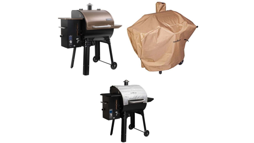 Camp Chef SmokePro SG 24 Wi-Fi Pellet Grill, Black/Bronze, with Tan Patio Cover, PCPG24L, and Blanket for 24in Pellet Grills, Grey, PG24BLKL