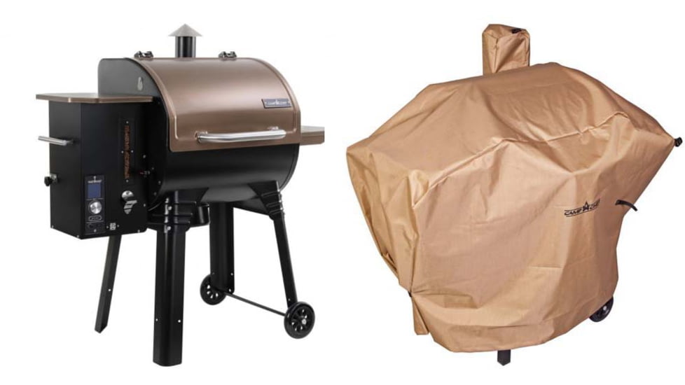 Camp Chef SmokePro SG 24 Wi-Fi Pellet Grill, Black/Bronze, with Tan Patio Cover, PCPG24L