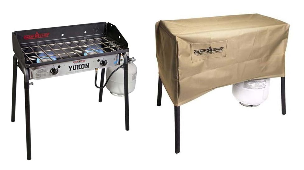 Camp Chef Yukon Burner, 2 x Burner, Red/Silver/Black, with Tan Patio Cover, PC32