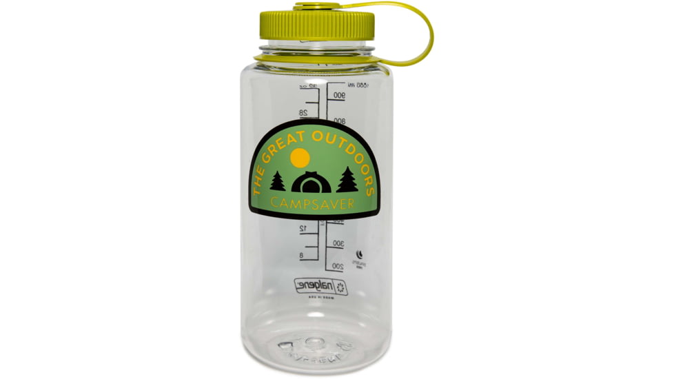 CampSaver Great Outdoors Nalgene Wide Mouth Bottle, Clear / Green, 32 oz, CSTRI32GO-CLR/SPR