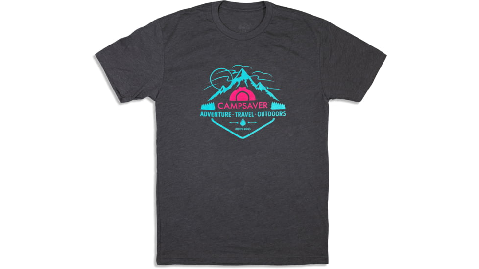 CampSaver Mountain Adventure T-Shirt, Charcoal/Teal/Pink Logo, Large, MTNADV-CHR-TL/PNKLOGO-Large