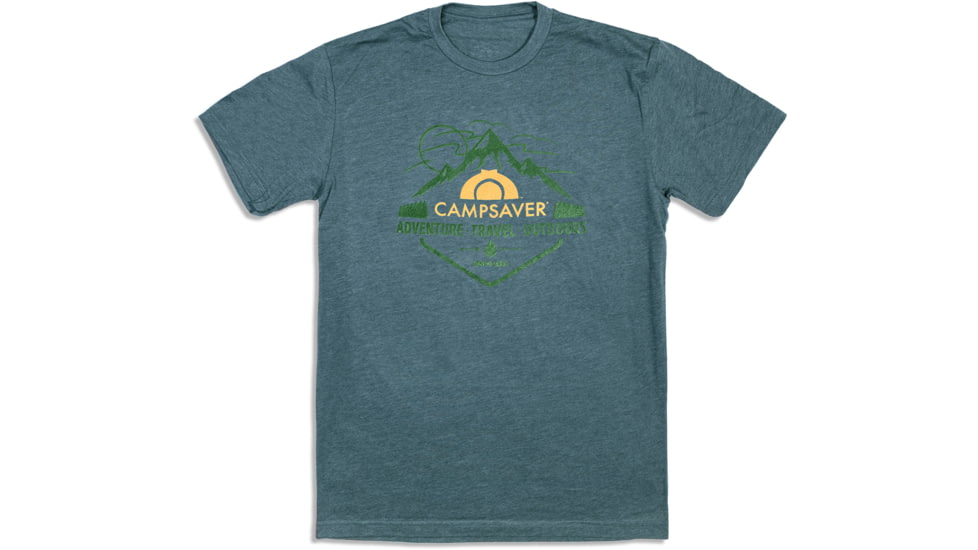 CampSaver Mountain Adventure T-Shirt, Indigo/Forest Green/Tan Logo, XX-Large, MTNADV-IND-FG/TNLG-XX-LG