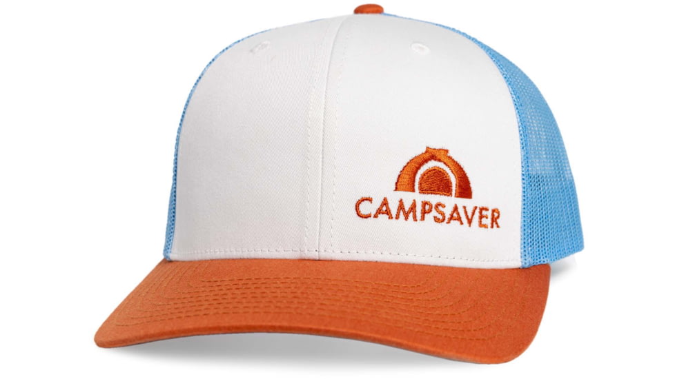 CampSaver Standard Embroidered Logo Hat, White/Col Blue/Dark Orange - Texas Orange Logo, One Size, CS-Logo-C12Hat-WT-BL-OR