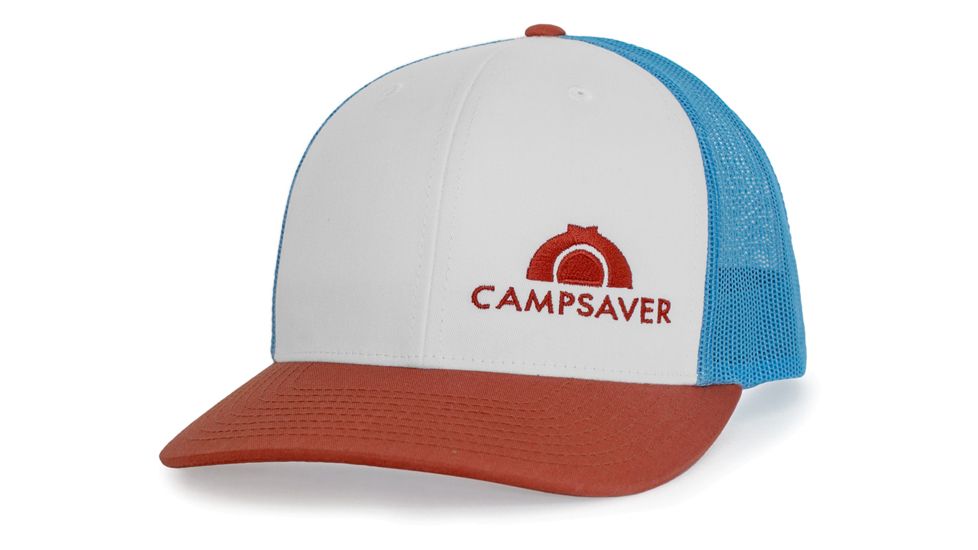 CampSaver Standard Embroidered Logo Hat, White/Col Blue/Dark Orange - Texas Orange Logo, One Size, CS-Logo-C12Hat-WT-BL-OR