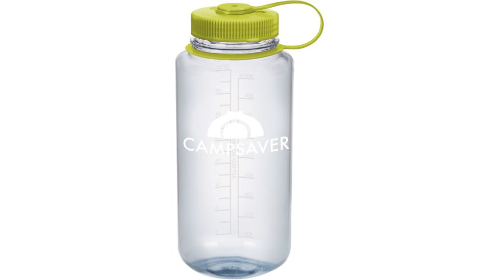 CampSaver Nalgene Wide Mouth Bottle, 32oz, Clear Bottle Spring Green Cap White Logo, CS-TRI32W-CLR/SPR