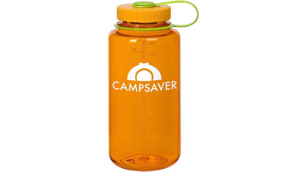 CampSaver Nalgene Wide Mouth Bottle, 32oz, Clementine Bottle Sunflower/Kiwi Cap White Logo, CS-TRI32W-CLE/SUN