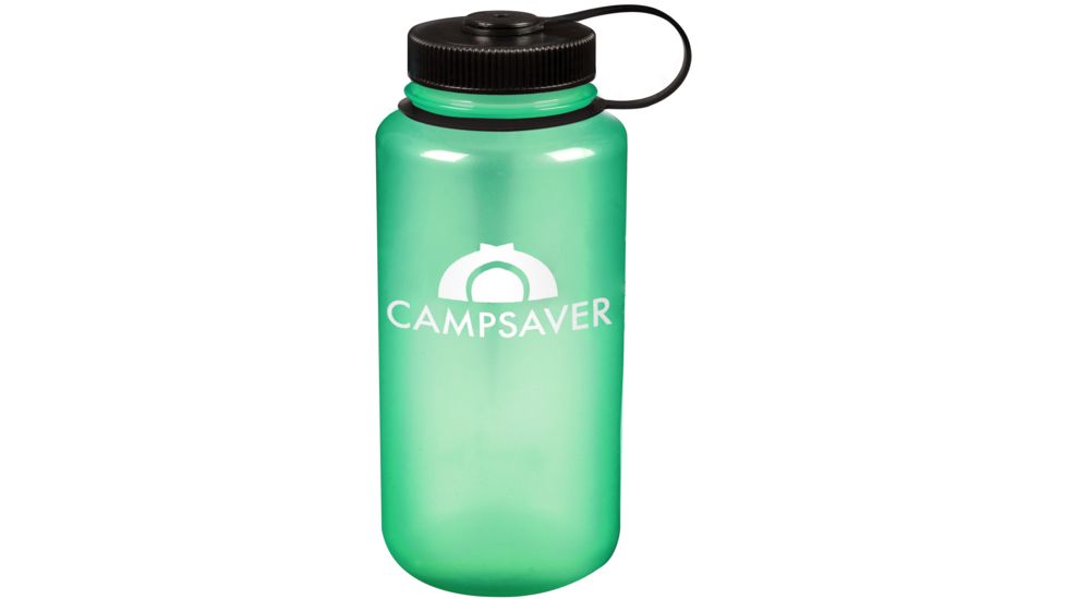 CampSaver Nalgene Wide Mouth Bottle, 32oz, Glow Green Bottle Black Cap White Logo, CS-TRI32W-GLO/BLA