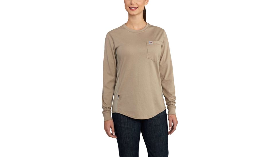 Carhartt Flame-Resistant Womens Force Cotton Long Sleeve Crew T-Shirt, Khaki, Small/Regular 102685-250-REG-S