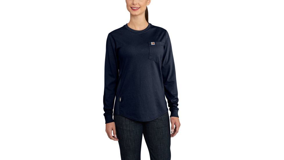 Carhartt Flame-Resistant Womens Force Cotton Long Sleeve Crew T-Shirt, Dark Navy, Extra Small/Regular 102685-410-REG-XS