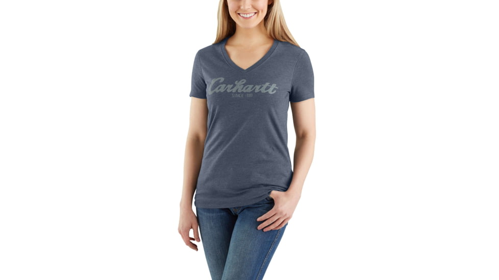 Carhartt Lockhart Graphic Scrpt Logo Short Sleeve V-neck T-shirt - Womens, Dark Indigo Heather, M-REG 103078-462-REG-M
