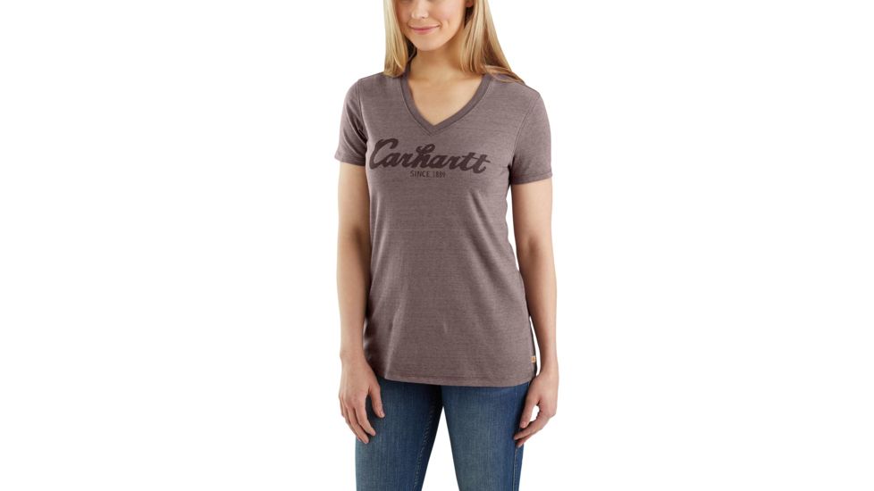 Carhartt Lockhart Graphic Scrpt Logo Short Sleeve V-neck T-shirt - Womens, Sparrow Nep, L-REG 103078-552-REG-L