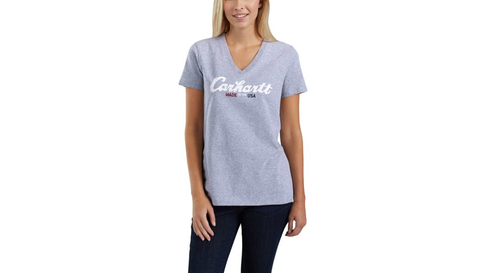 Carhartt Lockhart Graphic Scrpt Logo Short Sleeve V-neck T-shirt - Womens, Heather Gray, REG-L 103079-034-REG-L
