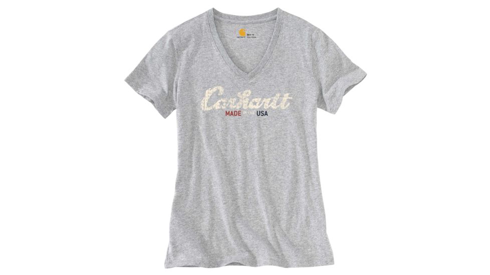 Carhartt Lockhart Graphic Scrpt Logo Short Sleeve V-neck T-shirt - Womens, Heather Gray, REG-L 103079-034-REG-L