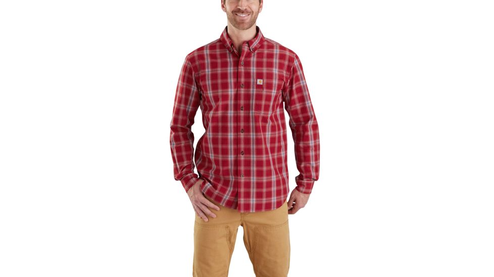 Carhartt Essential Plaid Button Down Long Sleeve Shirt-Men's, Dark Crimson, Small, Regular, 103351-608-REG-S