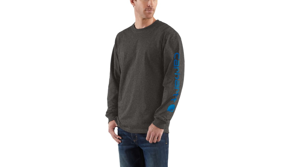 Carhartt Signature Sleeve Logo Long Sleeve T-Shirt for Mens, Carbon Heather/Blue, Small/Regular K231-038-REG-SML