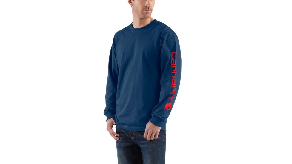 Carhartt Signature Sleeve Logo Long Sleeve T-Shirt for Mens, Dark Cobalt Blue/Red, Small/Regular K231-471-REG-SML