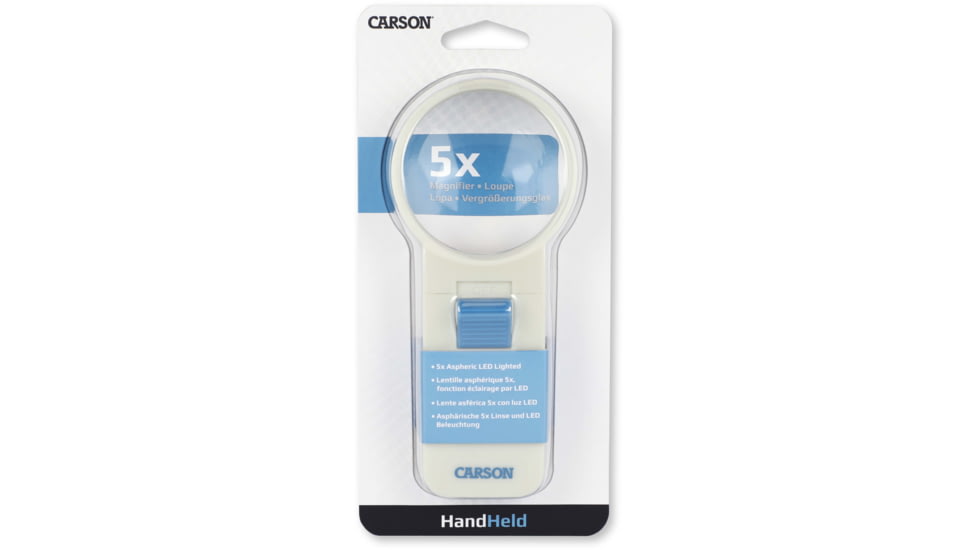 Carson Illuminated Handheld Magnifier, 5x Power, 2.5in Aspheric LED Lighted, Ivory/Blue, Small, SV-50