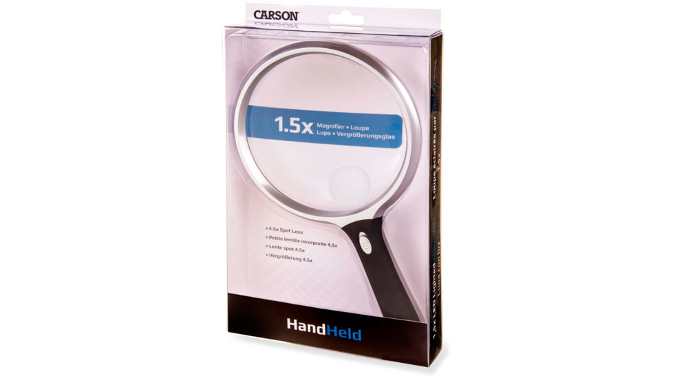 Carson LED Lighted Oversized Handheld Magnifier, 1.5x Power, 5in, Black/Silver, Small, SV-55GL