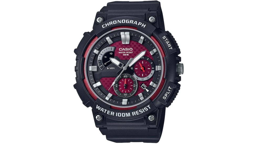 Casio Outdoor Analog Watch w/Chronograph, Date Window, Luminous Hands, WR to 100M w/Red Face - Mens, Black, One Size, MCW-200H-4AV
