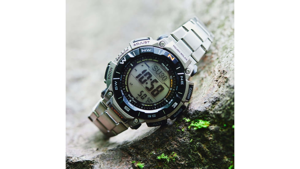 Casio Outdoor Casio Pro Trek Solar Watch Triple Sensor Watching Featuring an Altimeter, Barometer, Digital Compass, Thermometer and 100M WR Titanium Band - Mens, Silver, One Size, PRG340T-7