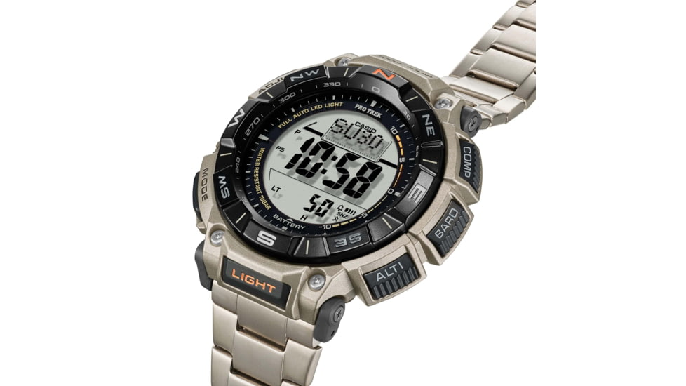 Casio Outdoor Casio Pro Trek Solar Watch Triple Sensor Watching Featuring an Altimeter, Barometer, Digital Compass, Thermometer and 100M WR Titanium Band - Mens, Silver, One Size, PRG340T-7