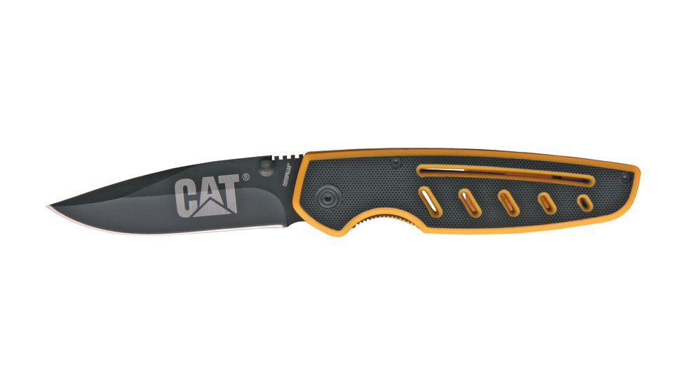 Caterpillar Linerlock Folding Knife,Black Titanium Drop Point, Yellow Composition Handle CAT99