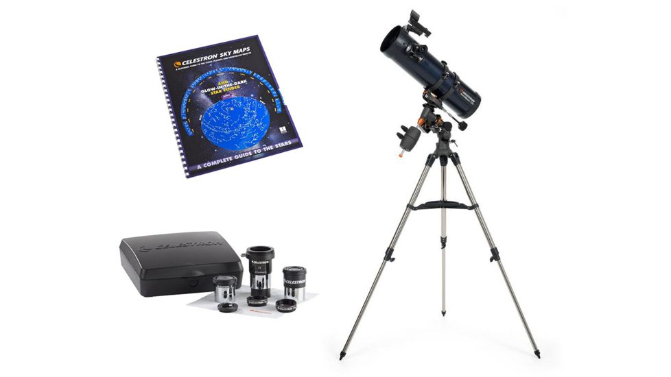 Celestron AstroMaster 130EQ Motor Drive Reflector Telescope, w/ AstroMaster Accessory Kit and Sky Maps Chart Reference Guide, 31051-KIT1
