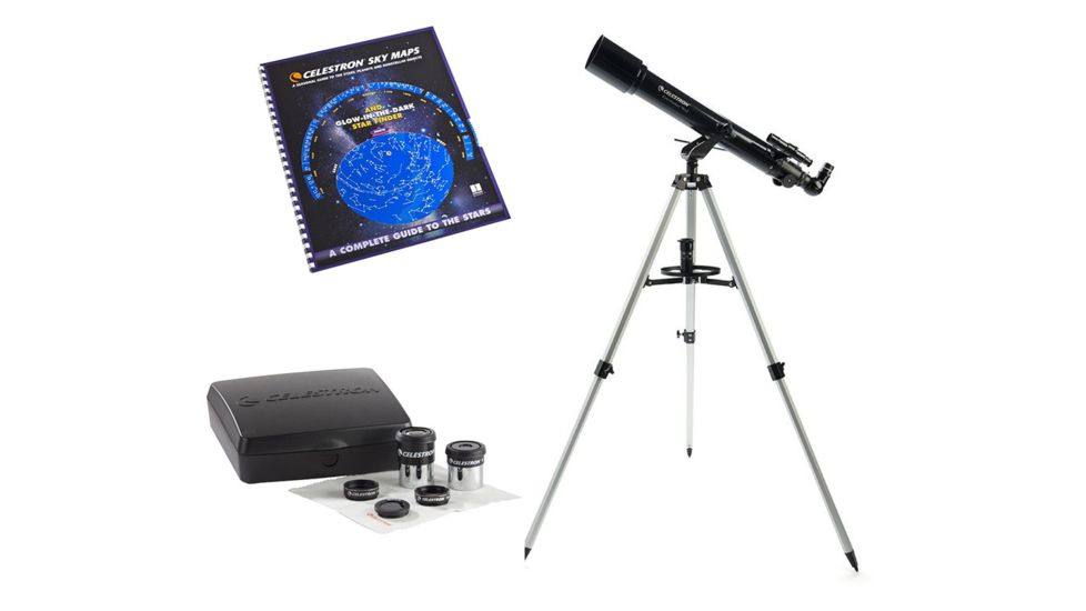 Celestron PowerSeeker 70AZ Telescope w/ PowerSeeker Accessory Kit 94306 and Sky Maps Chart Reference Guide 93722