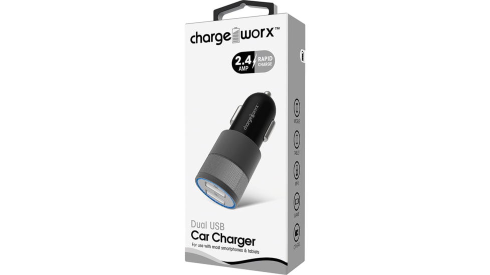 Chargeworx Car Charger, 2 USB Ports, Black / Grey, CHA-CX3049BKGR