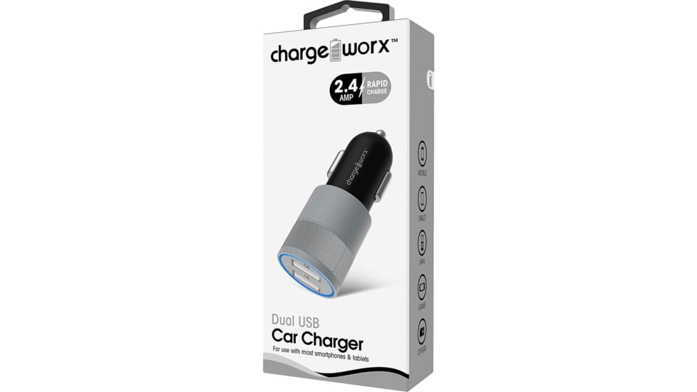 Chargeworx Car Charger, 2 USB Ports, Black / Silver, CHA-CX3049BKSL