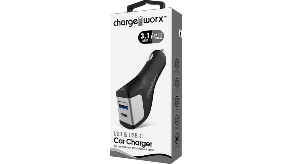 Chargeworx Car Charger, USB + USB-C Ports, Black, CHA-CX3051BK